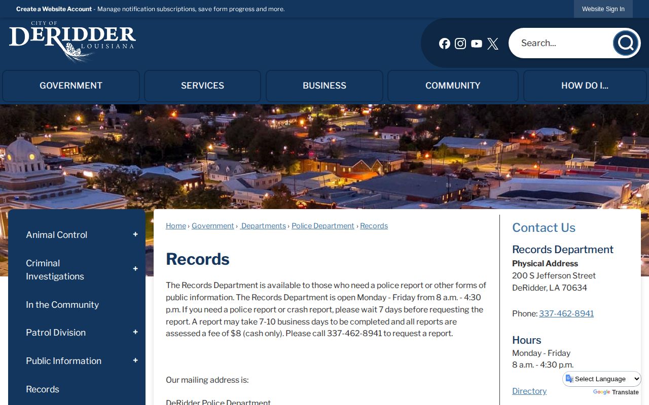 DeRidder Records page for police arrest report requests and fees