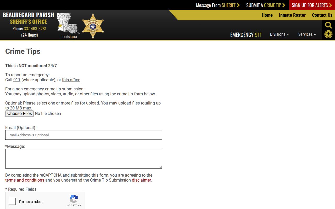 Beauregard Parish Sheriff crime tip page for warrant and arrest information