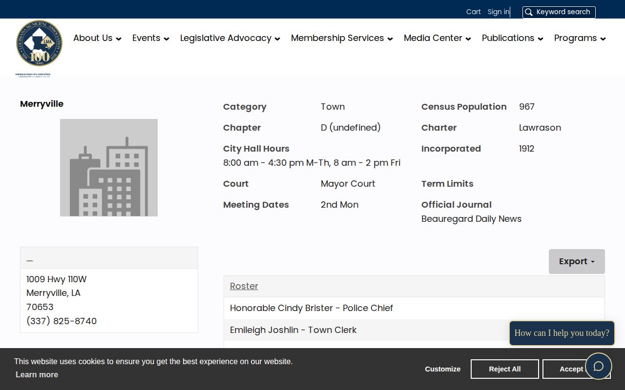 Town of Merryville municipal profile for arrest-record request routing