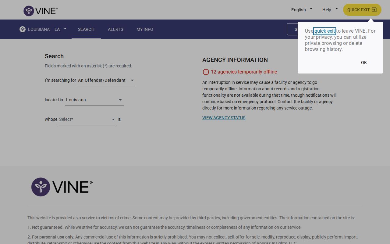 Louisiana VINELink registration for Beauregard Parish custody alerts